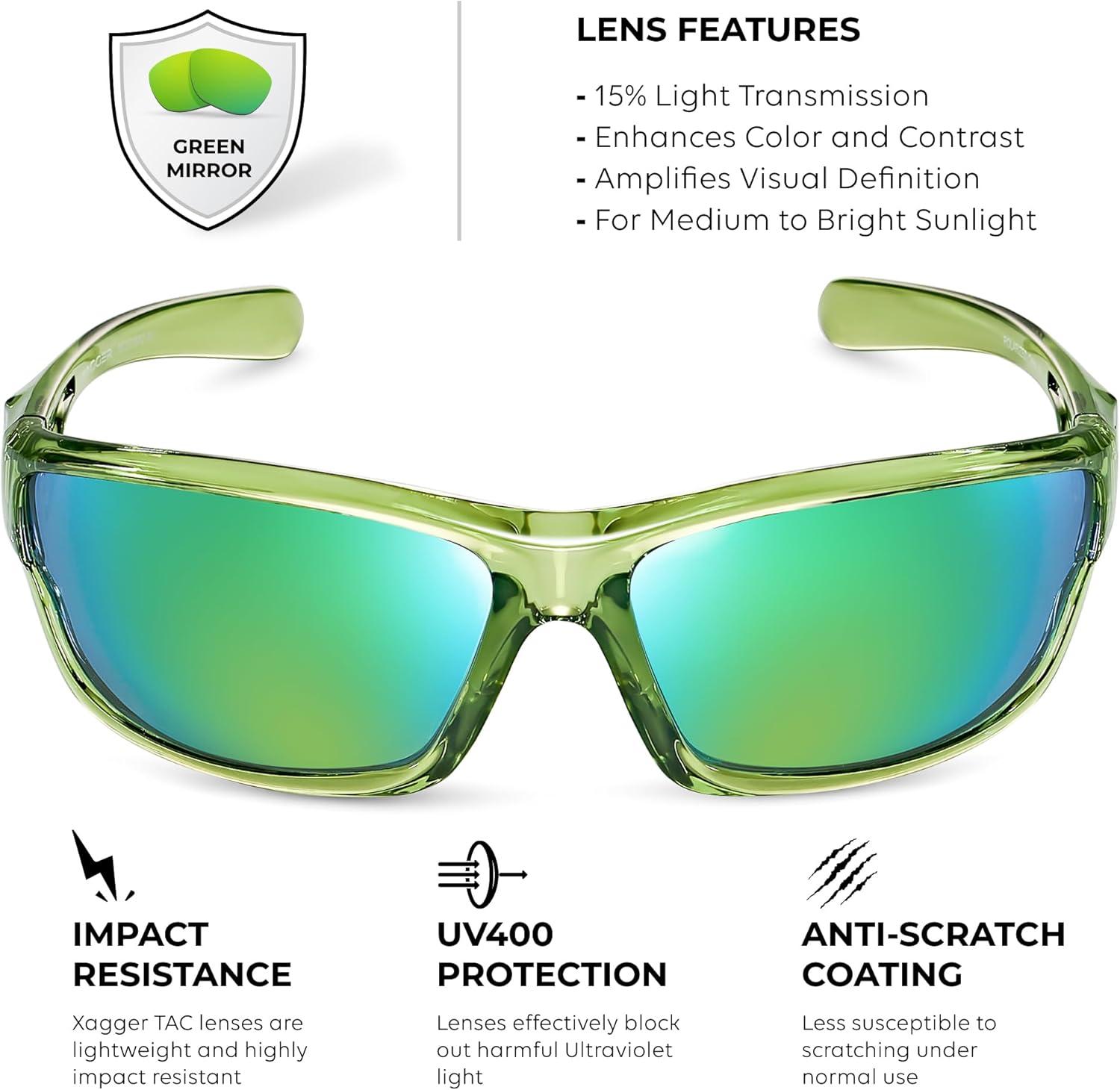 imageXagger Polarized Wrap Around Sport Sunglasses for Men Women TR90 FrameLime  Green Mirror