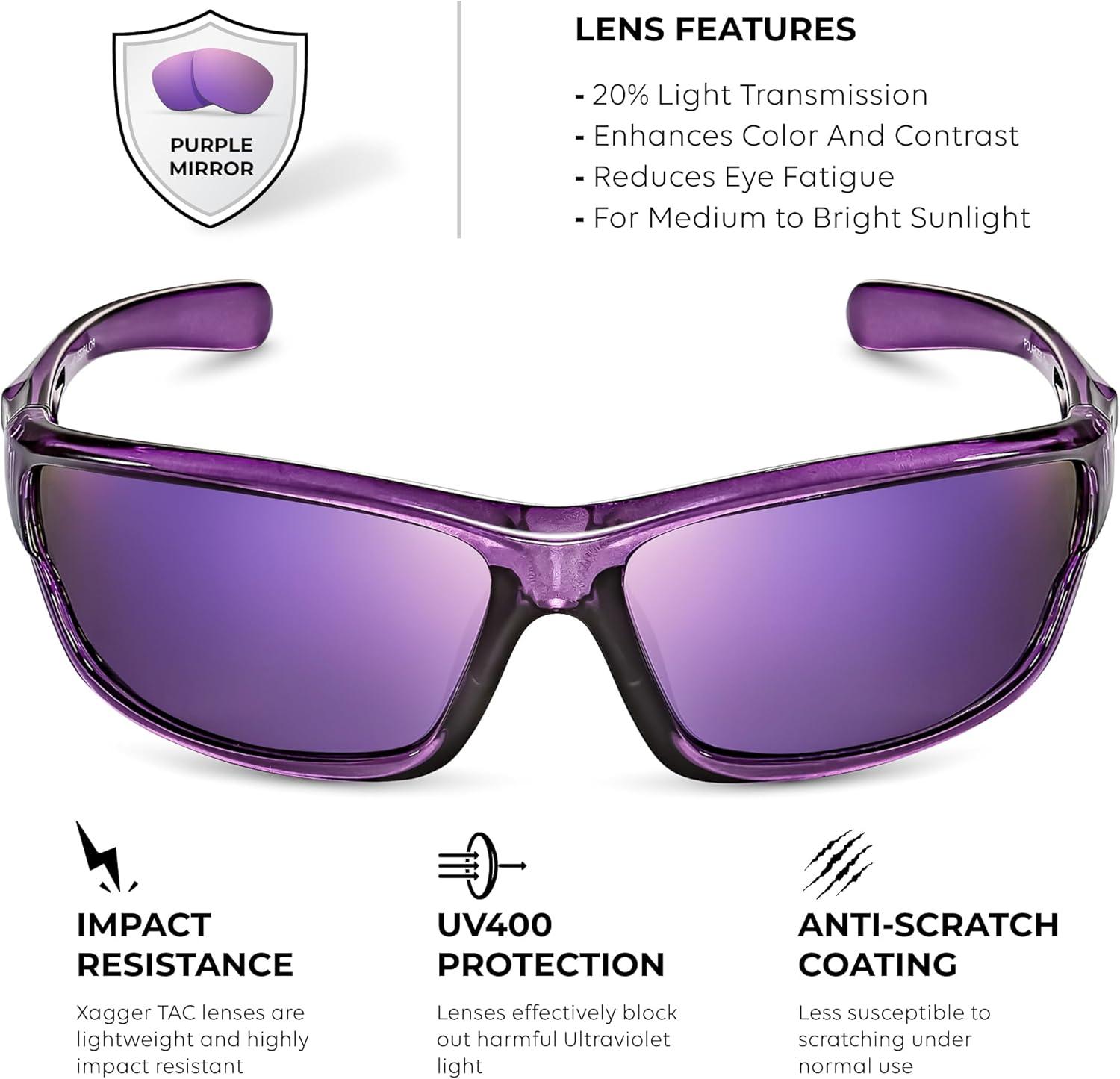 imageXagger Polarized Wrap Around Sport Sunglasses for Men Women TR90 FramePurple Purple Mirror