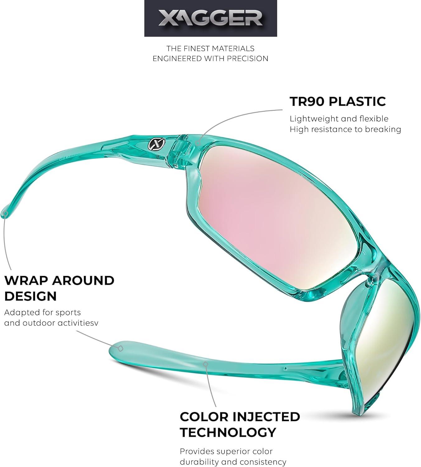 imageXagger Polarized Wrap Around Sport Sunglasses for Men Women TR90 FrameTurquoise  Rose Gold Mirror
