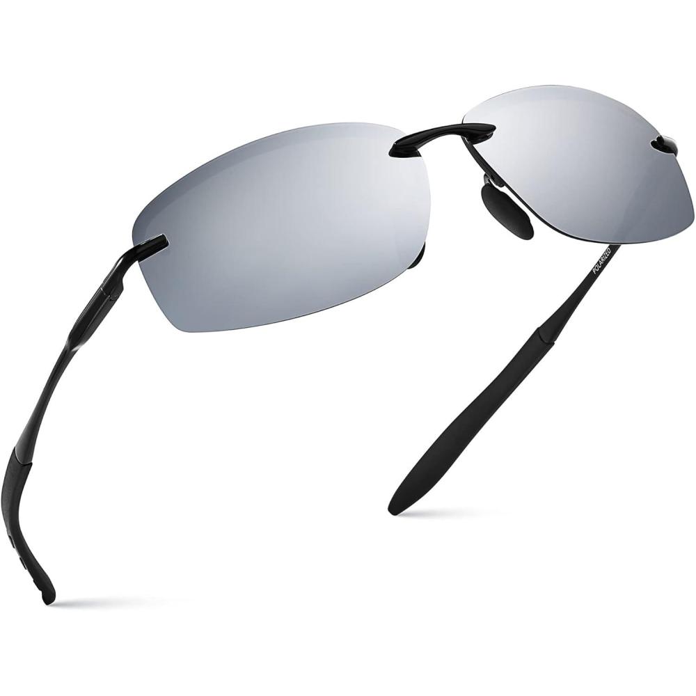 imageXagger Polarized Driving Sunglasses for Men Rimless Metal Frame UV400 Protection Sun GlassesBlack  Silver Mirror