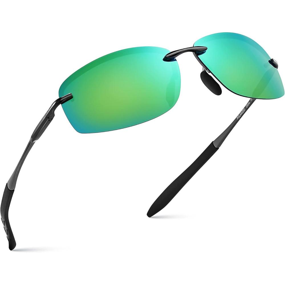 imageXagger Polarized Driving Sunglasses for Men Rimless Metal Frame UV400 Protection Sun GlassesGunmetal  Green Mirror