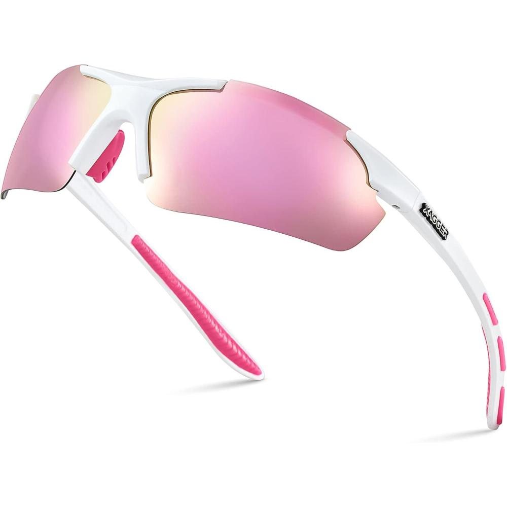 imageXagger Polarized Sports Sunglasses for Men Women Wrap Around UV400 Running Baseball Softball Cycling Driving GlassesMatte White  Pink Mirror