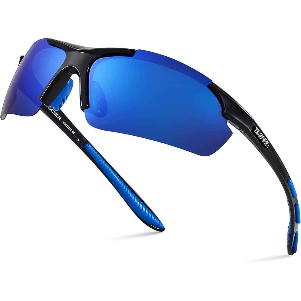 imageXagger Polarized Sports Sunglasses for Men Women Wrap Around UV400 Running Baseball Softball Cycling Driving GlassesShiny Black  Blue Mirror