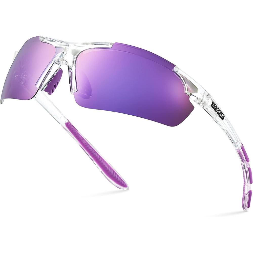 imageXagger Polarized Sports Sunglasses for Men Women Wrap Around UV400 Running Baseball Softball Cycling Driving GlassesTransparent Clear Purple Mirror