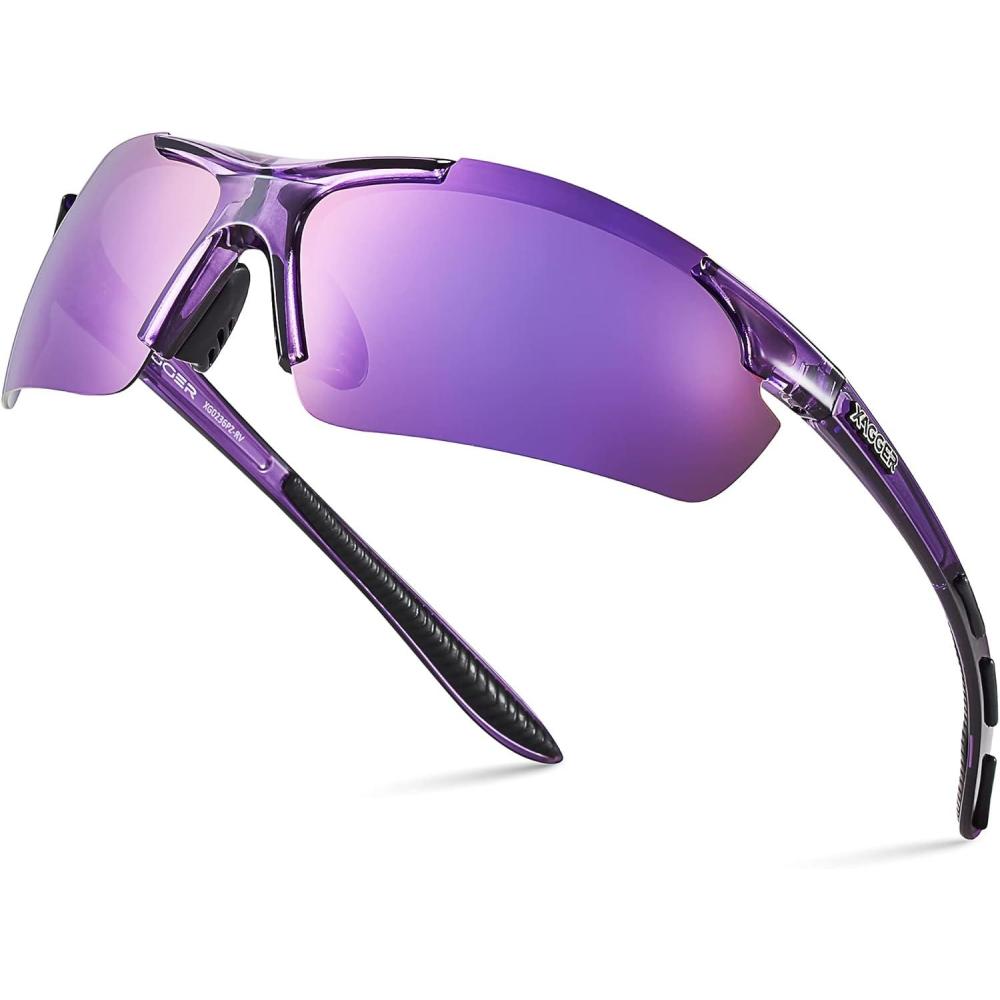 imageXagger Polarized Sports Sunglasses for Men Women Wrap Around UV400 Running Baseball Softball Cycling Driving GlassesTransparent Purple  Purple Mirror