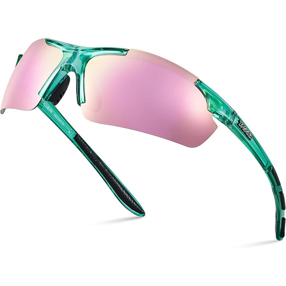 imageXagger Polarized Sports Sunglasses for Men Women Wrap Around UV400 Running Baseball Softball Cycling Driving GlassesTransparent Turquoise  Pink Mirror
