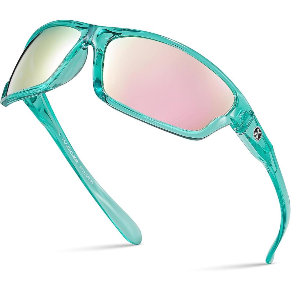 imageXagger Polarized Wrap Around Sport Sunglasses for Men Women TR90 FrameTurquoise  Rose Gold Mirror