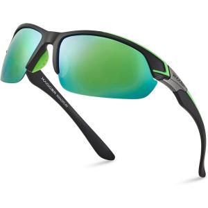 Xagger Polarized Sport Sunglasses for Men Women Wrap Around UV400 Running Baseball Softball Fishing Driving Glasses(Matte Black | Green Mirror)