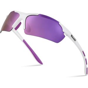 Xagger Polarized Sports Sunglasses for Men Women Wrap Around UV400 Running Baseball Softball Cycling Driving Glasses(Matte White | Purple Mirror)