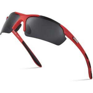 Xagger Polarized Sports Sunglasses for Men Women Wrap Around UV400 Running Baseball Softball Cycling Driving Glasses(Rubberized Red | Smoke)