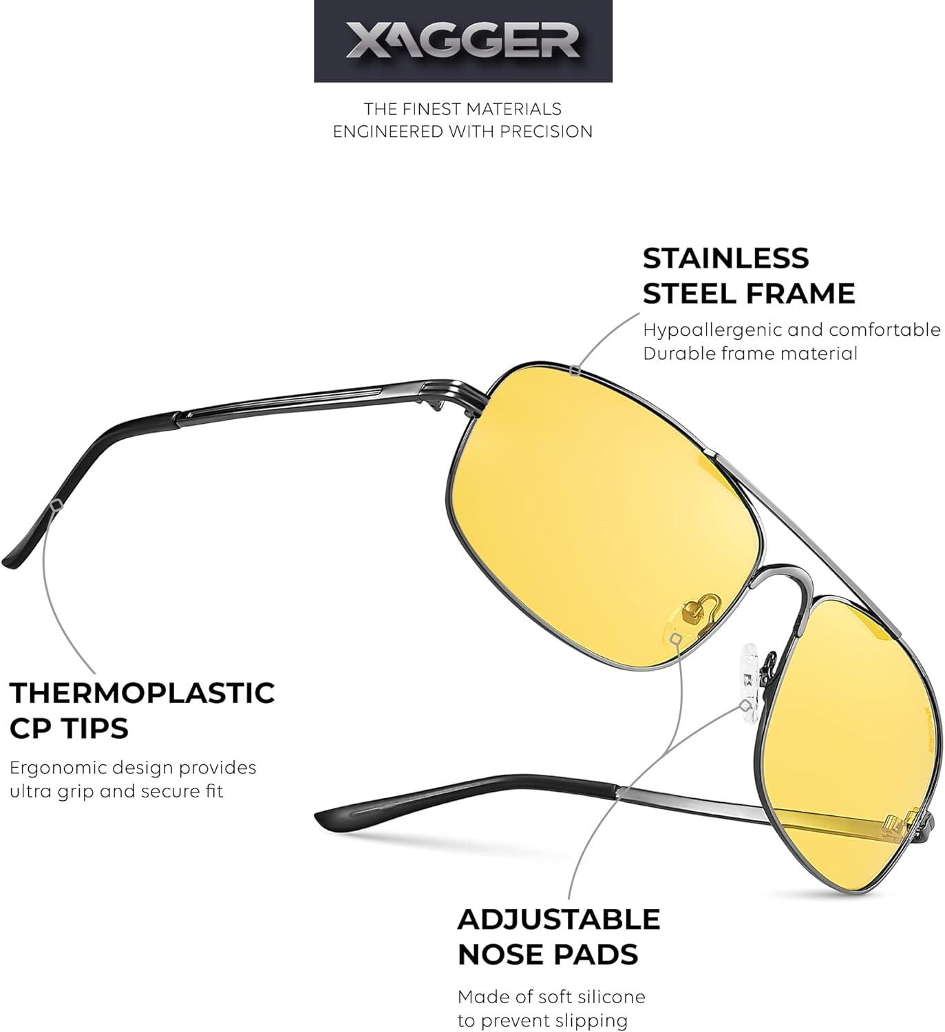 imageXagger Polarized Brow Bar Aviator Sunglasses for Men Pilot Military Style Metal Frame Driving Shades UV400Gunmetal Yellow Night Driving