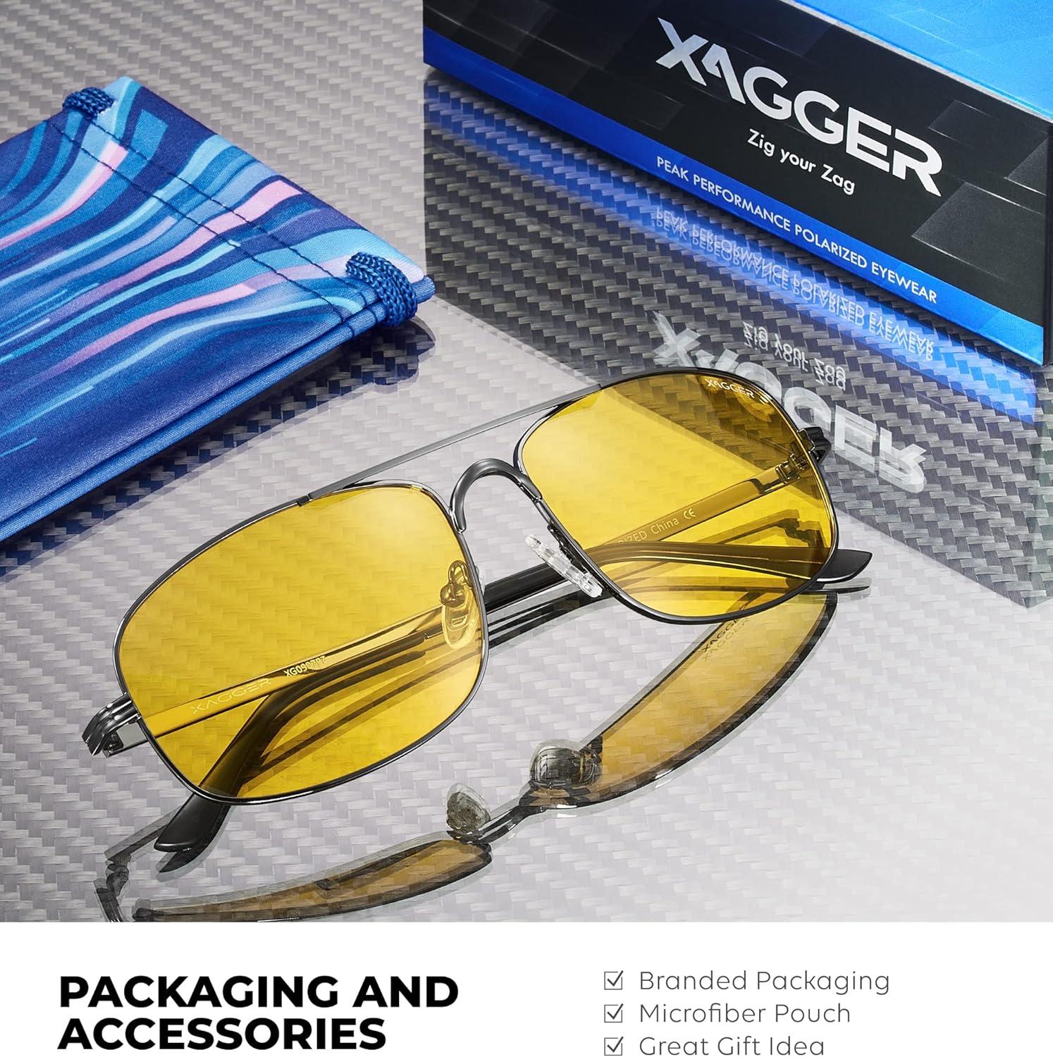 imageXagger Polarized Brow Bar Aviator Sunglasses for Men Pilot Military Style Metal Frame Driving Shades UV400Gunmetal Yellow Night Driving