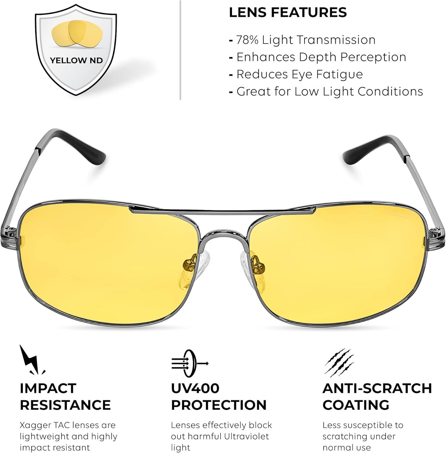 imageXagger Polarized Brow Bar Aviator Sunglasses for Men Pilot Military Style Metal Frame Driving Shades UV400Gunmetal Yellow Night Driving