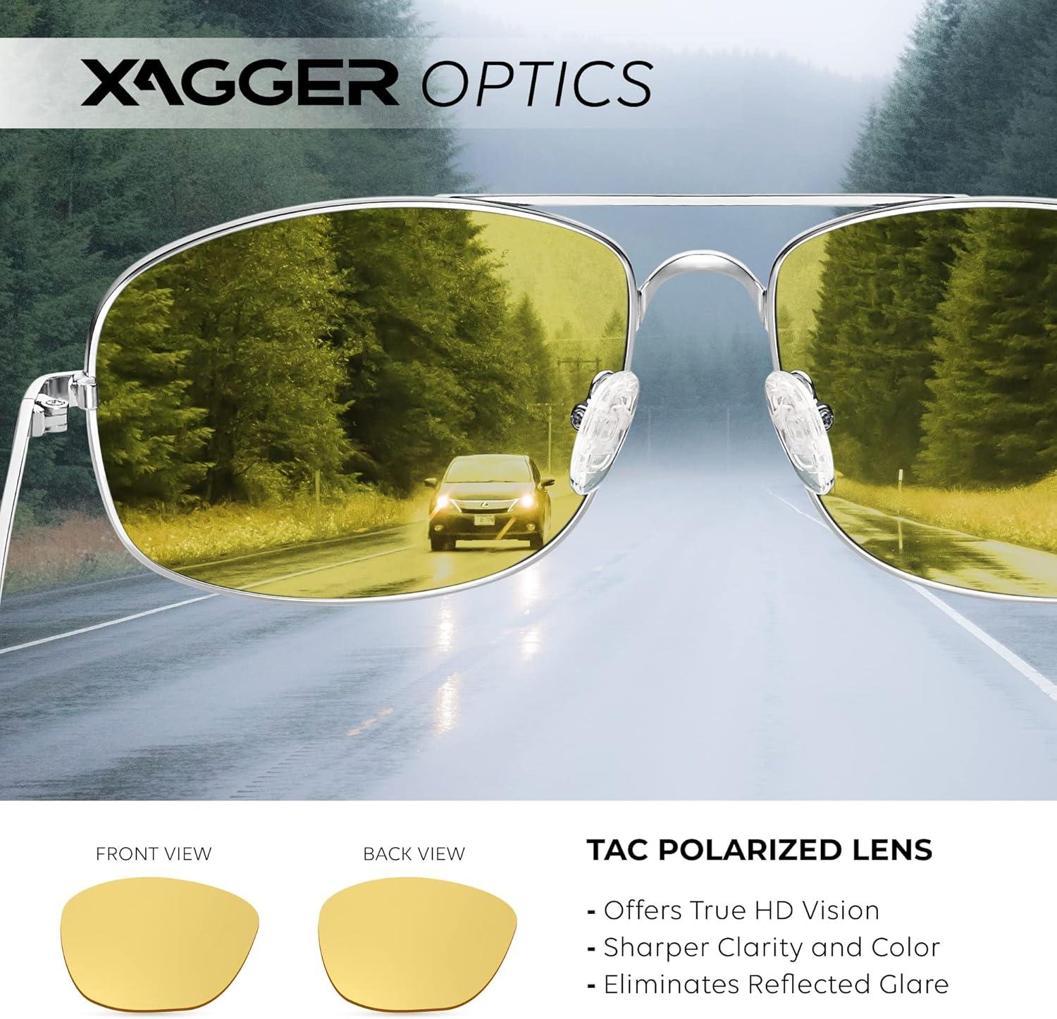 imageXagger Polarized Brow Bar Aviator Sunglasses for Men Pilot Military Style Metal Frame Driving Shades UV400Gunmetal Yellow Night Driving