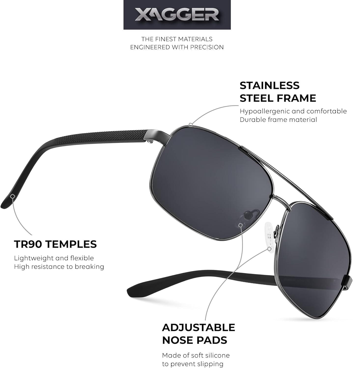 imageXagger Polarized Brow Bar Square Aviator Sunglasses for Men Retro Pilot Military Style Driving Shades UV400Gunmetal Black Temples Smoke
