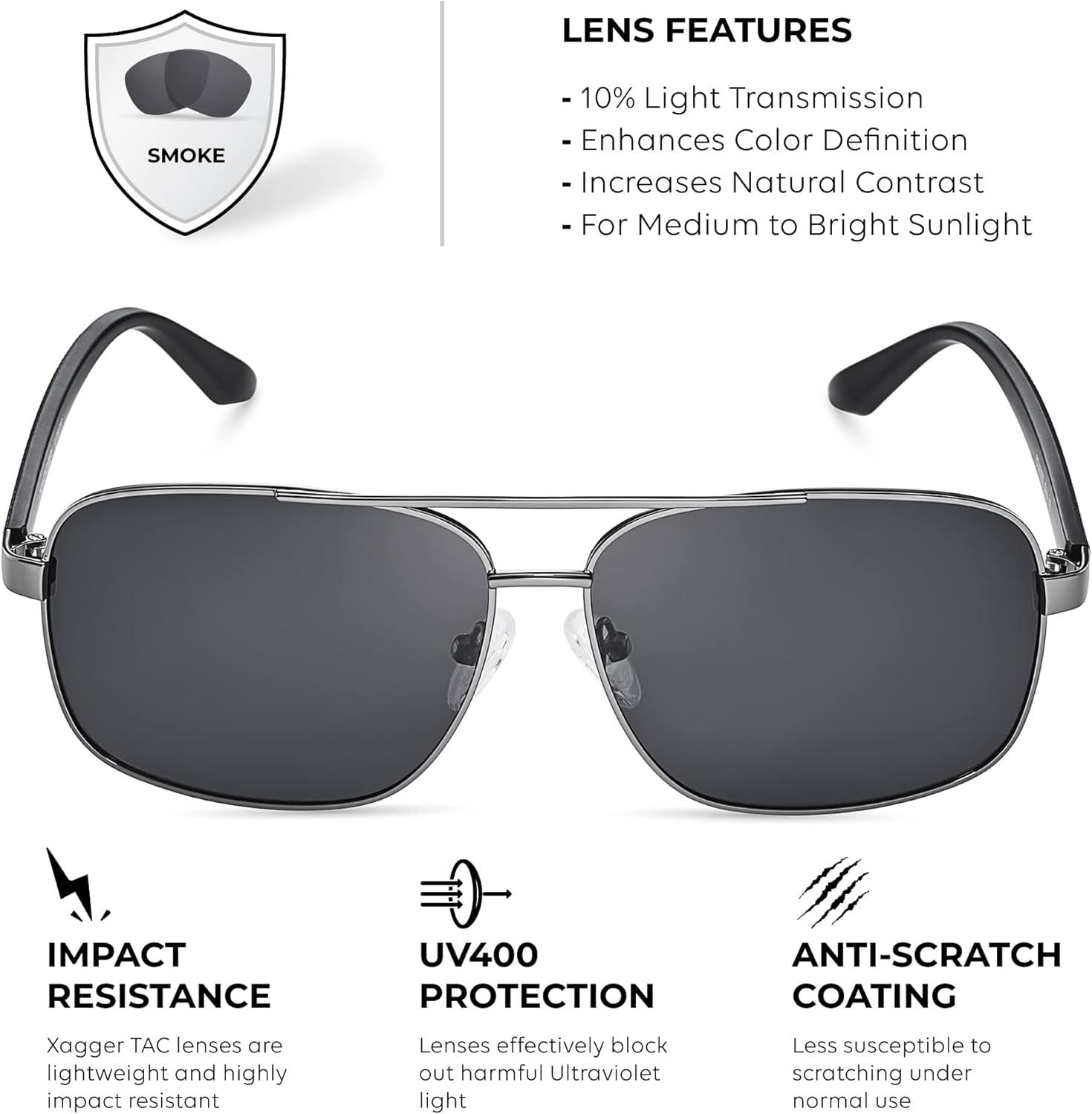 imageXagger Polarized Brow Bar Square Aviator Sunglasses for Men Retro Pilot Military Style Driving Shades UV400Gunmetal Black Temples Smoke