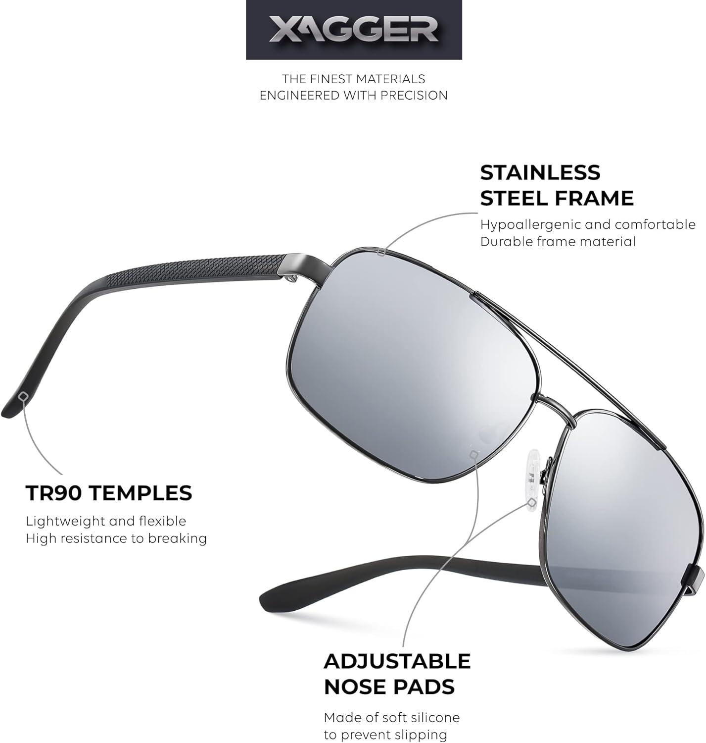 imageXagger Polarized Brow Bar Square Aviator Sunglasses for Men Retro Pilot Military Style Driving Shades UV400Gunmetal Matte Gray Temples Silver Mirror