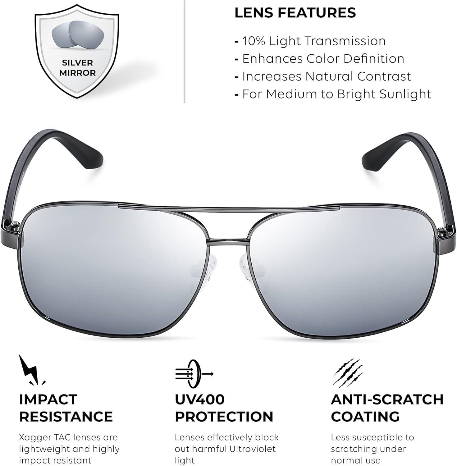 imageXagger Polarized Brow Bar Square Aviator Sunglasses for Men Retro Pilot Military Style Driving Shades UV400Gunmetal Matte Gray Temples Silver Mirror