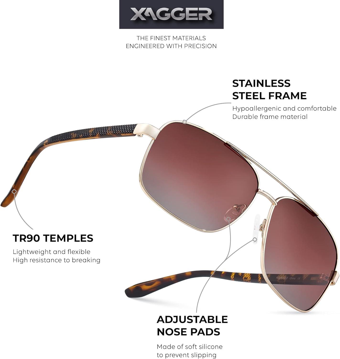 imageXagger Polarized Brow Bar Square Aviator Sunglasses for Men Retro Pilot Military Style Driving Shades UV400Light Gold Tortoise Tempes Gradient Brown