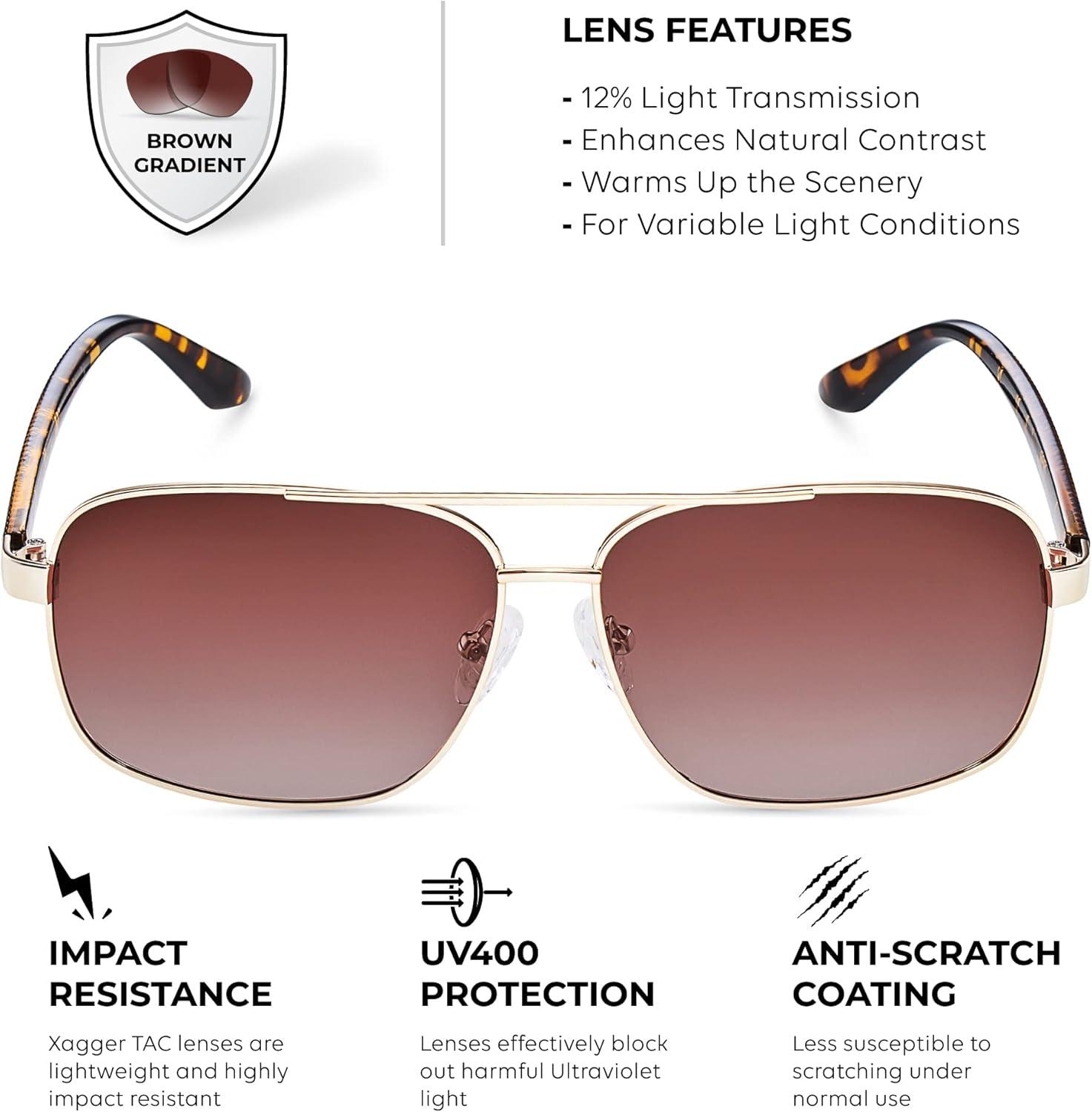 imageXagger Polarized Brow Bar Square Aviator Sunglasses for Men Retro Pilot Military Style Driving Shades UV400Light Gold Tortoise Tempes Gradient Brown