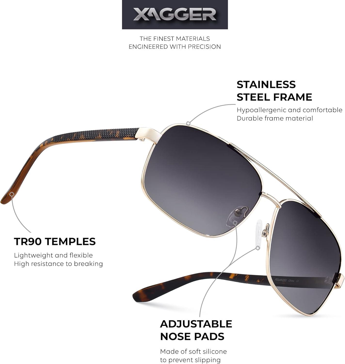 imageXagger Polarized Brow Bar Square Aviator Sunglasses for Men Retro Pilot Military Style Driving Shades UV400Light Gold Tortoise Tempes Gradient Smoke
