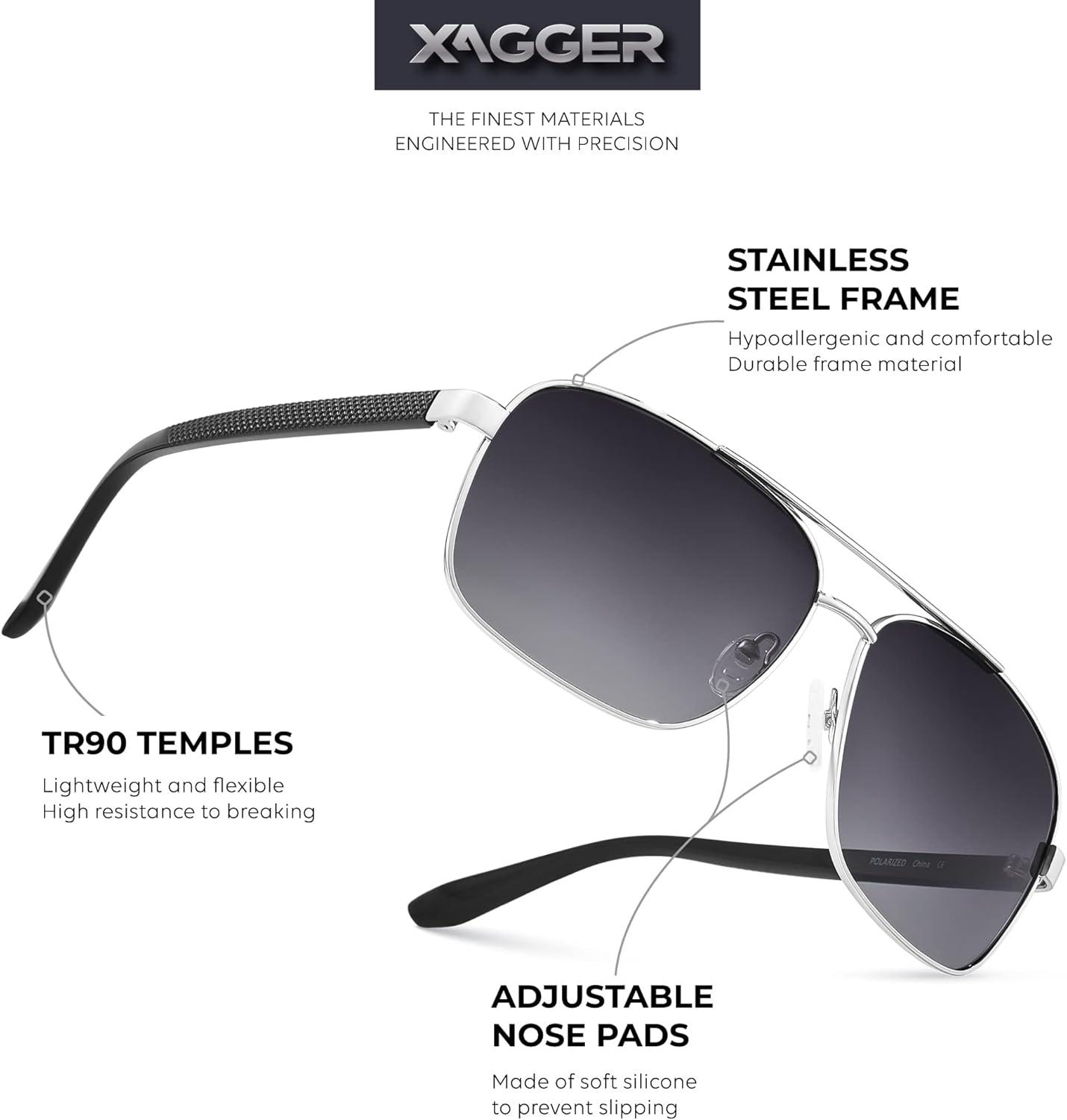 imageXagger Polarized Brow Bar Square Aviator Sunglasses for Men Retro Pilot Military Style Driving Shades UV400Silver Black Temples Gradient Smoke