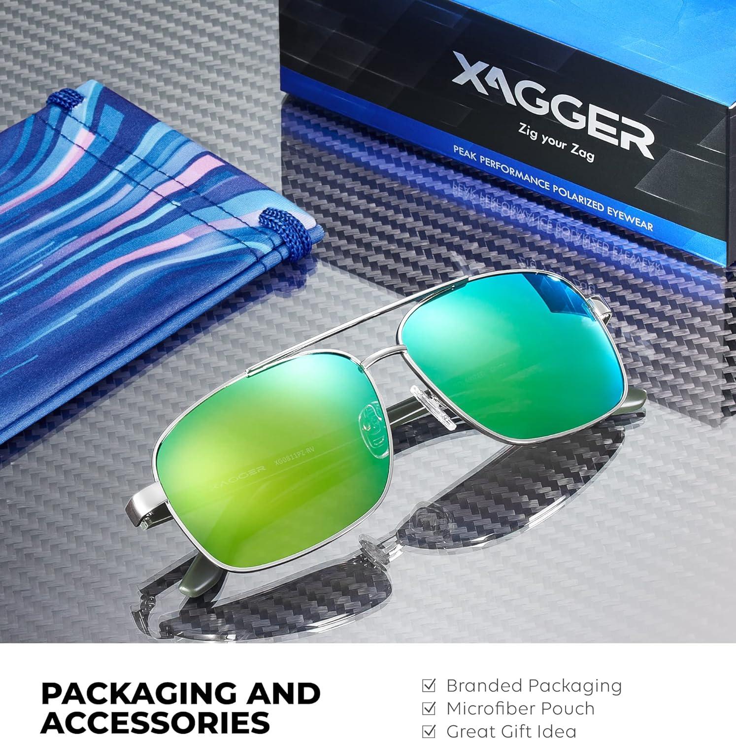 imageXagger Polarized Brow Bar Square Aviator Sunglasses for Men Retro Pilot Military Style Driving Shades UV400Silver Green Temples Green Mirror