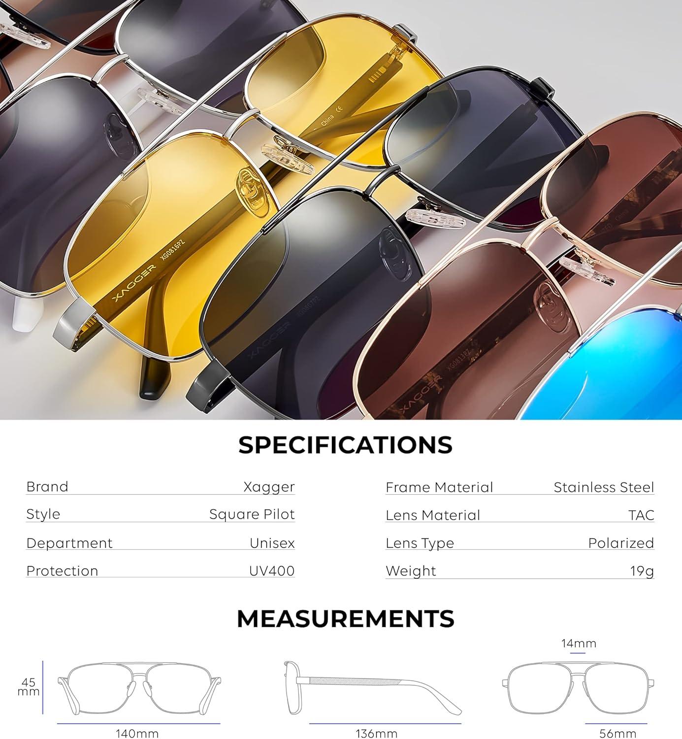 imageXagger Polarized Brow Bar Square Aviator Sunglasses for Men Retro Pilot Military Style Driving Shades UV400Silver Green Temples Green Mirror
