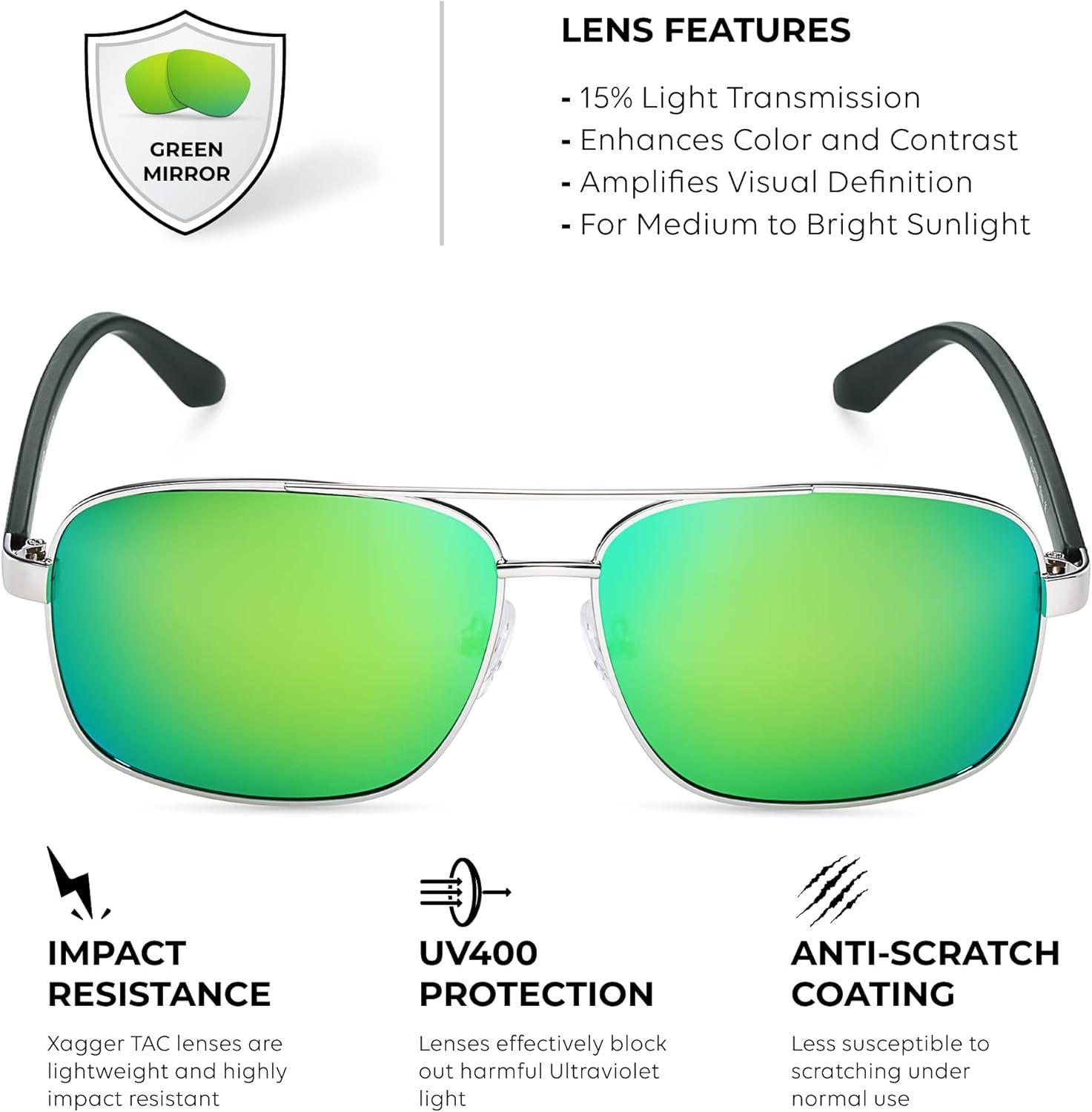 imageXagger Polarized Brow Bar Square Aviator Sunglasses for Men Retro Pilot Military Style Driving Shades UV400Silver Green Temples Green Mirror