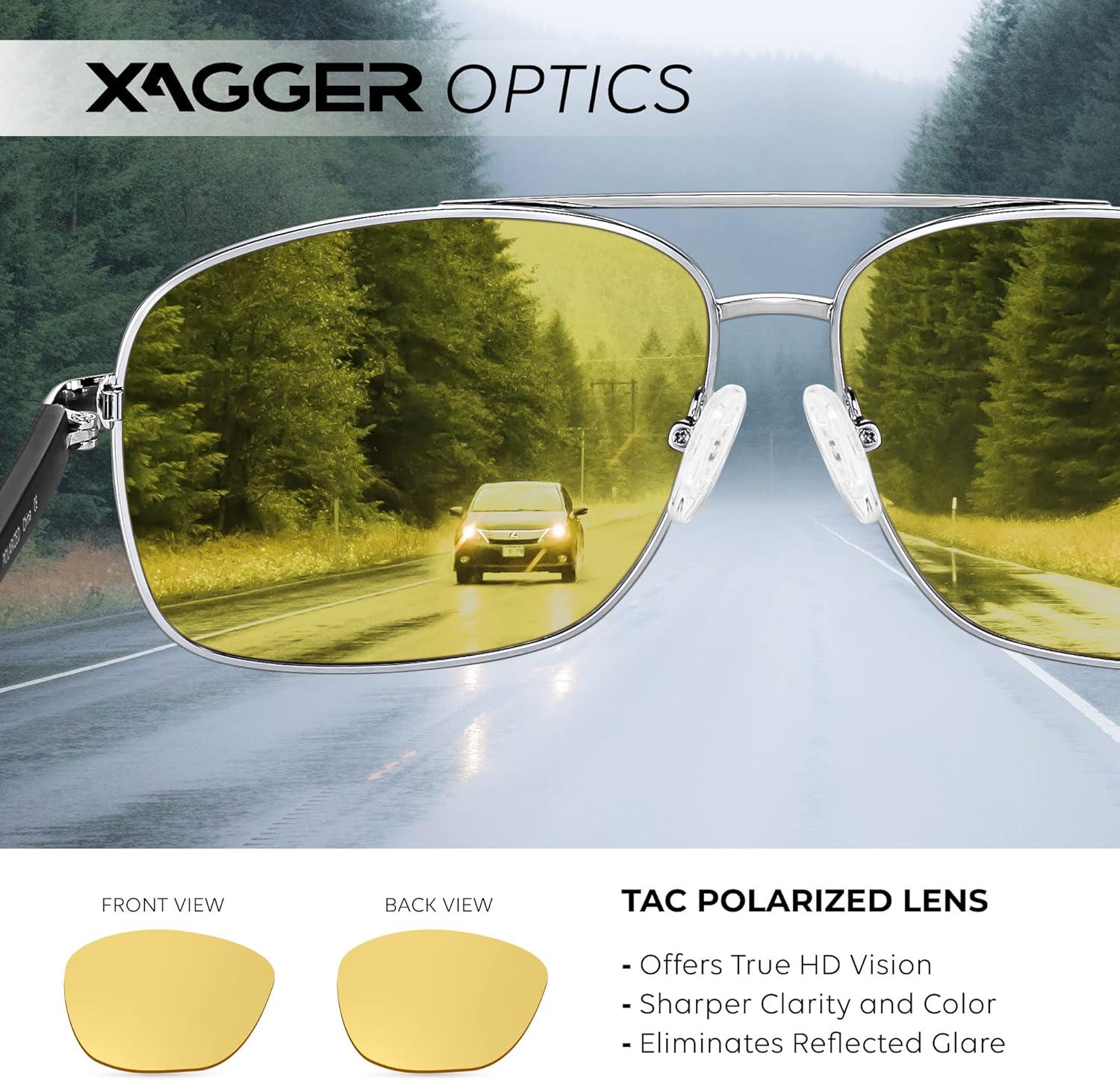 imageXagger Polarized Brow Bar Square Aviator Sunglasses for Men Retro Pilot Military Style Driving Shades UV400Silver Matte Gray Temples Yellow