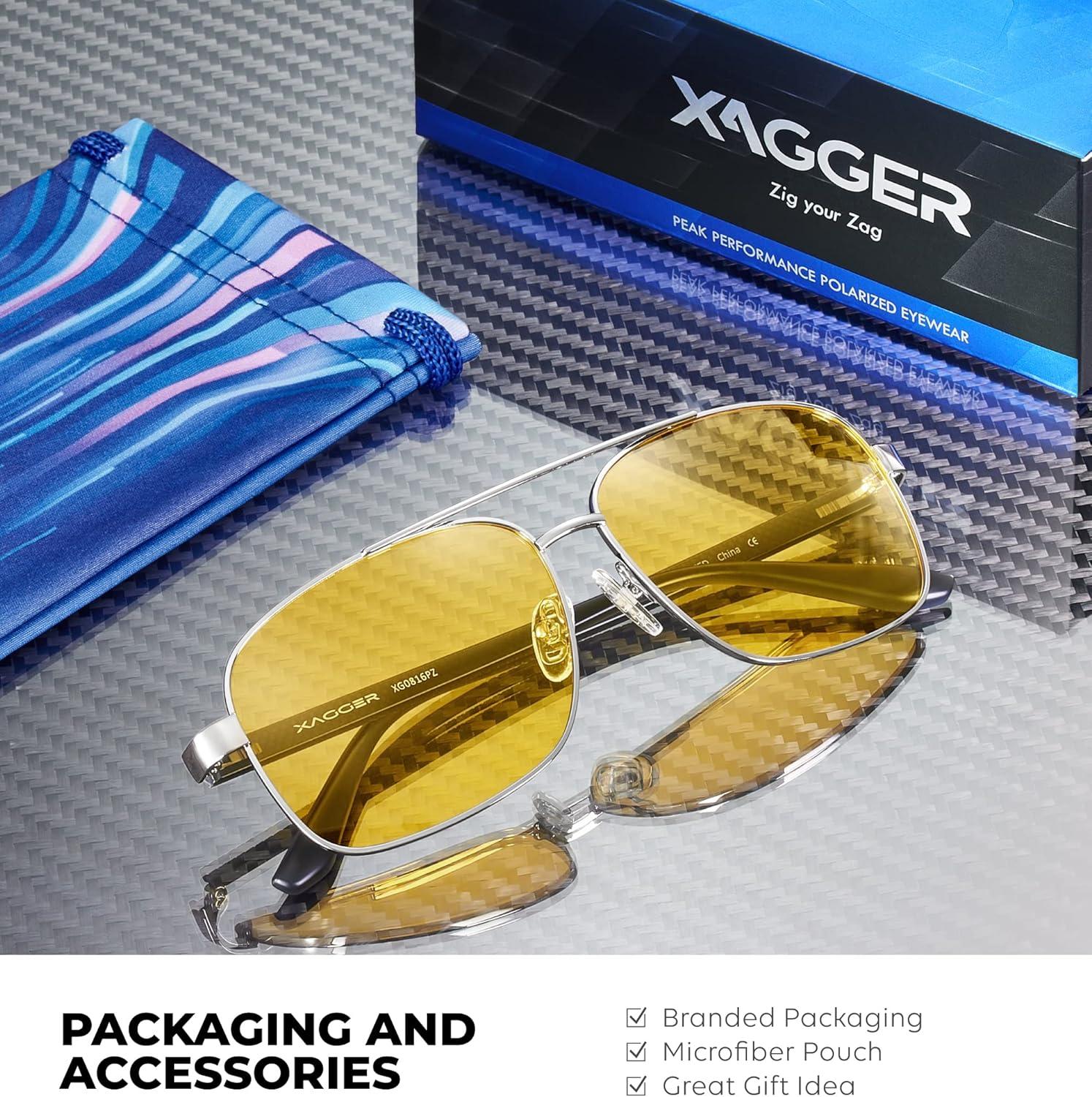 imageXagger Polarized Brow Bar Square Aviator Sunglasses for Men Retro Pilot Military Style Driving Shades UV400Silver Matte Gray Temples Yellow