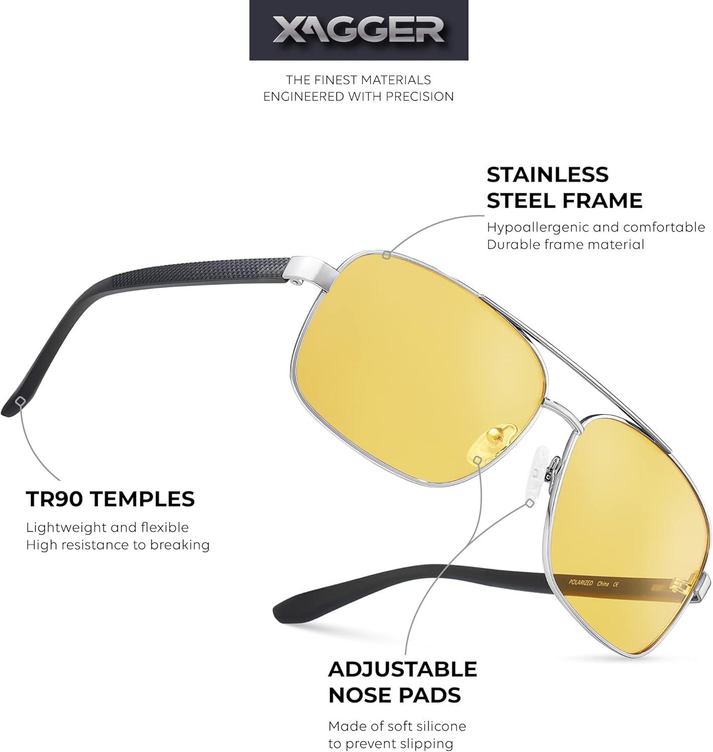 imageXagger Polarized Brow Bar Square Aviator Sunglasses for Men Retro Pilot Military Style Driving Shades UV400Silver Matte Gray Temples Yellow