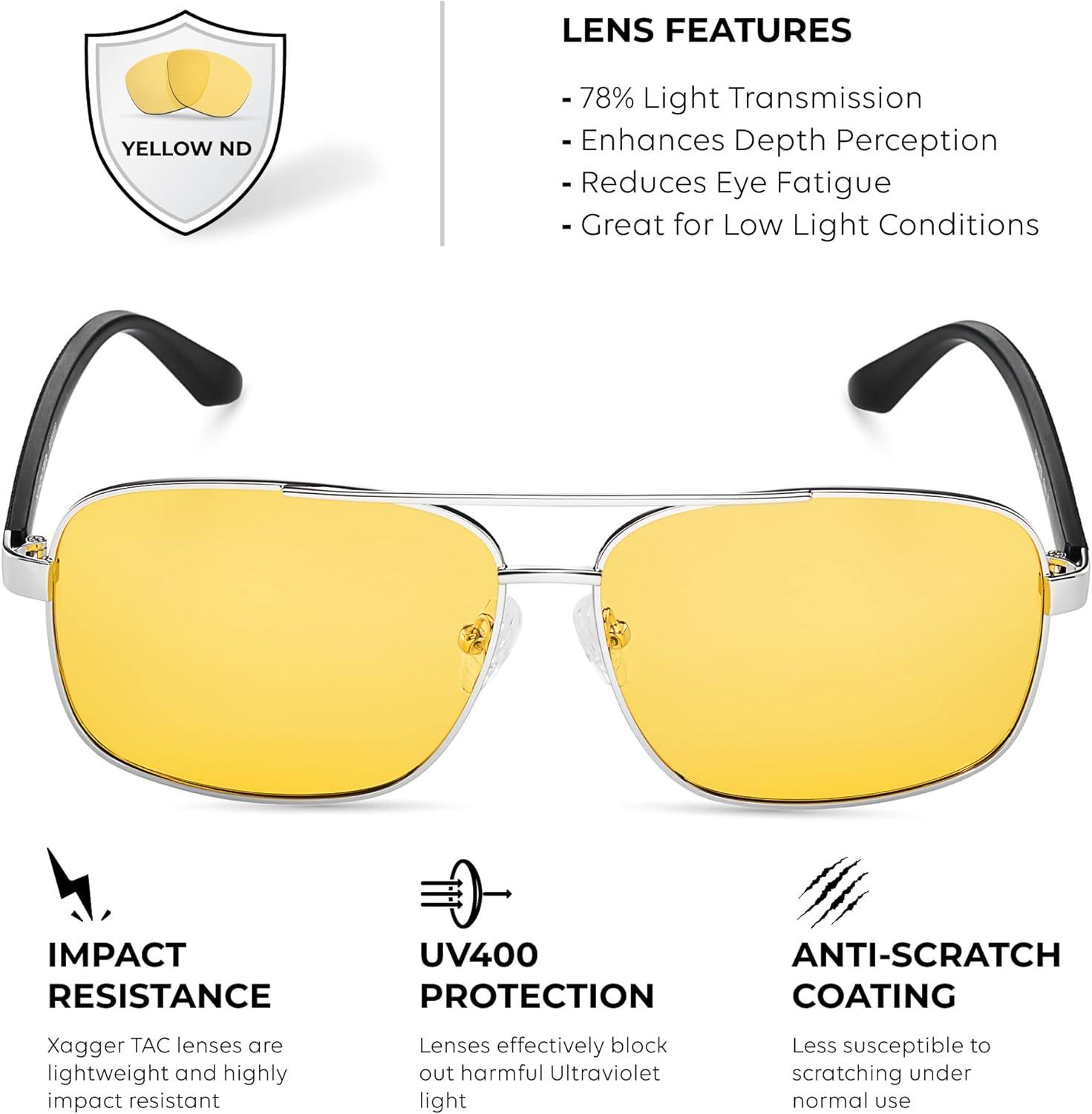 imageXagger Polarized Brow Bar Square Aviator Sunglasses for Men Retro Pilot Military Style Driving Shades UV400Silver Matte Gray Temples Yellow