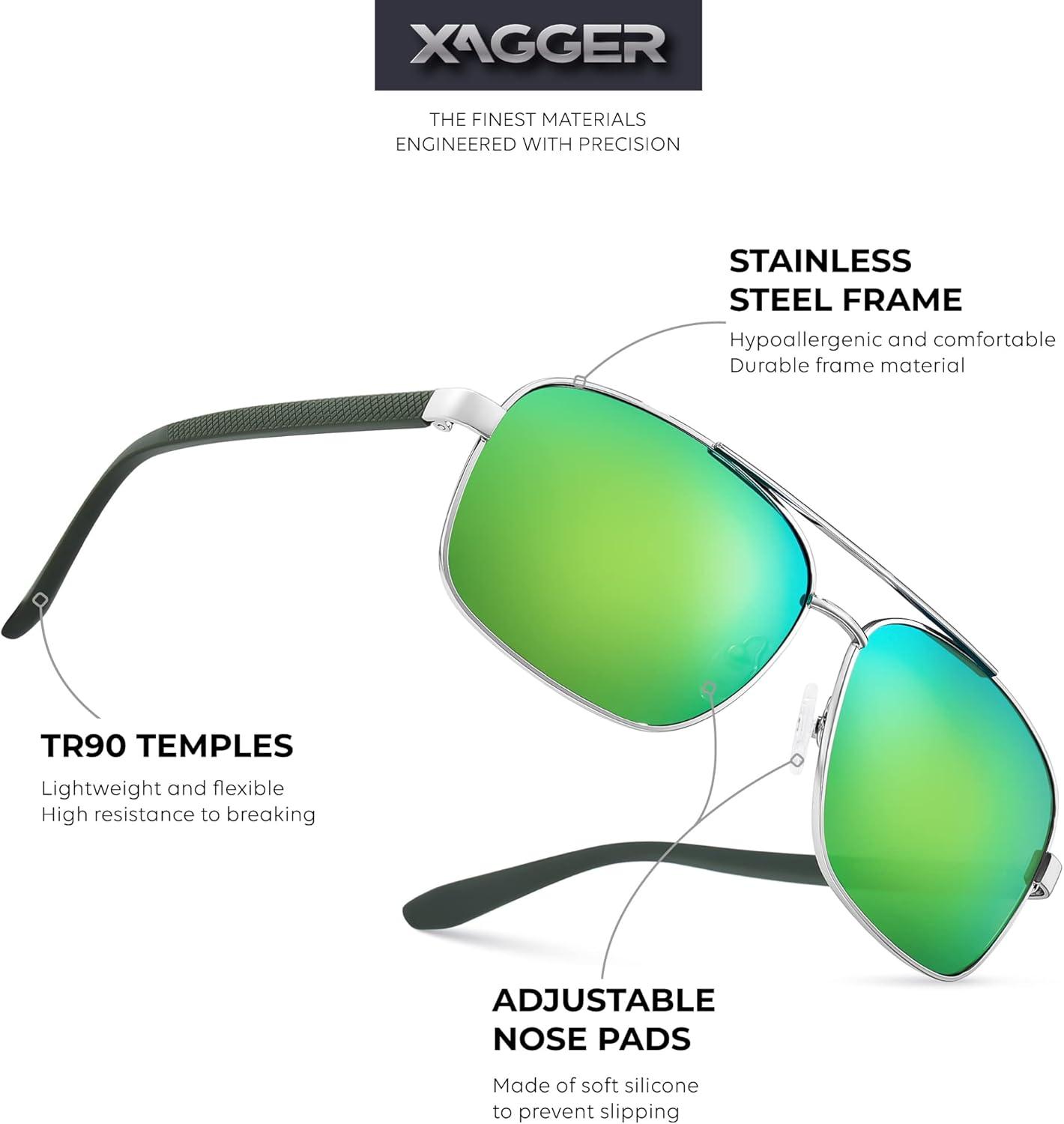 imageXagger Polarized Brow Bar Square Aviator Sunglasses for Men Retro Pilot Military Style Driving Shades UV400Silver Matte Green Temples Green Mirror