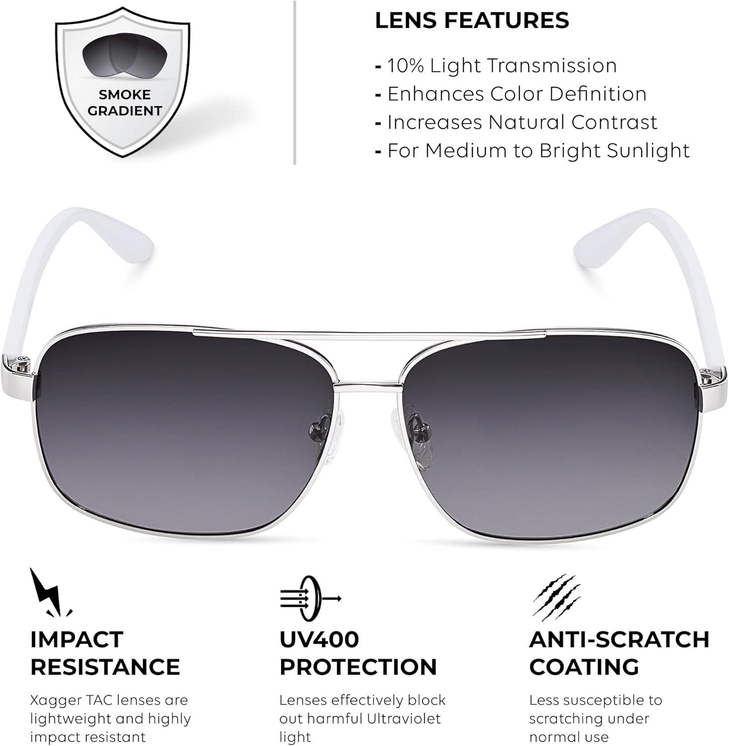 imageXagger Polarized Brow Bar Square Aviator Sunglasses for Men Retro Pilot Military Style Driving Shades UV400Silver White Temples Gradient Smoke