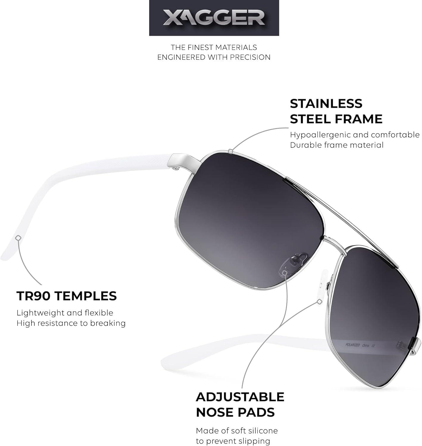 imageXagger Polarized Brow Bar Square Aviator Sunglasses for Men Retro Pilot Military Style Driving Shades UV400Silver White Temples Gradient Smoke