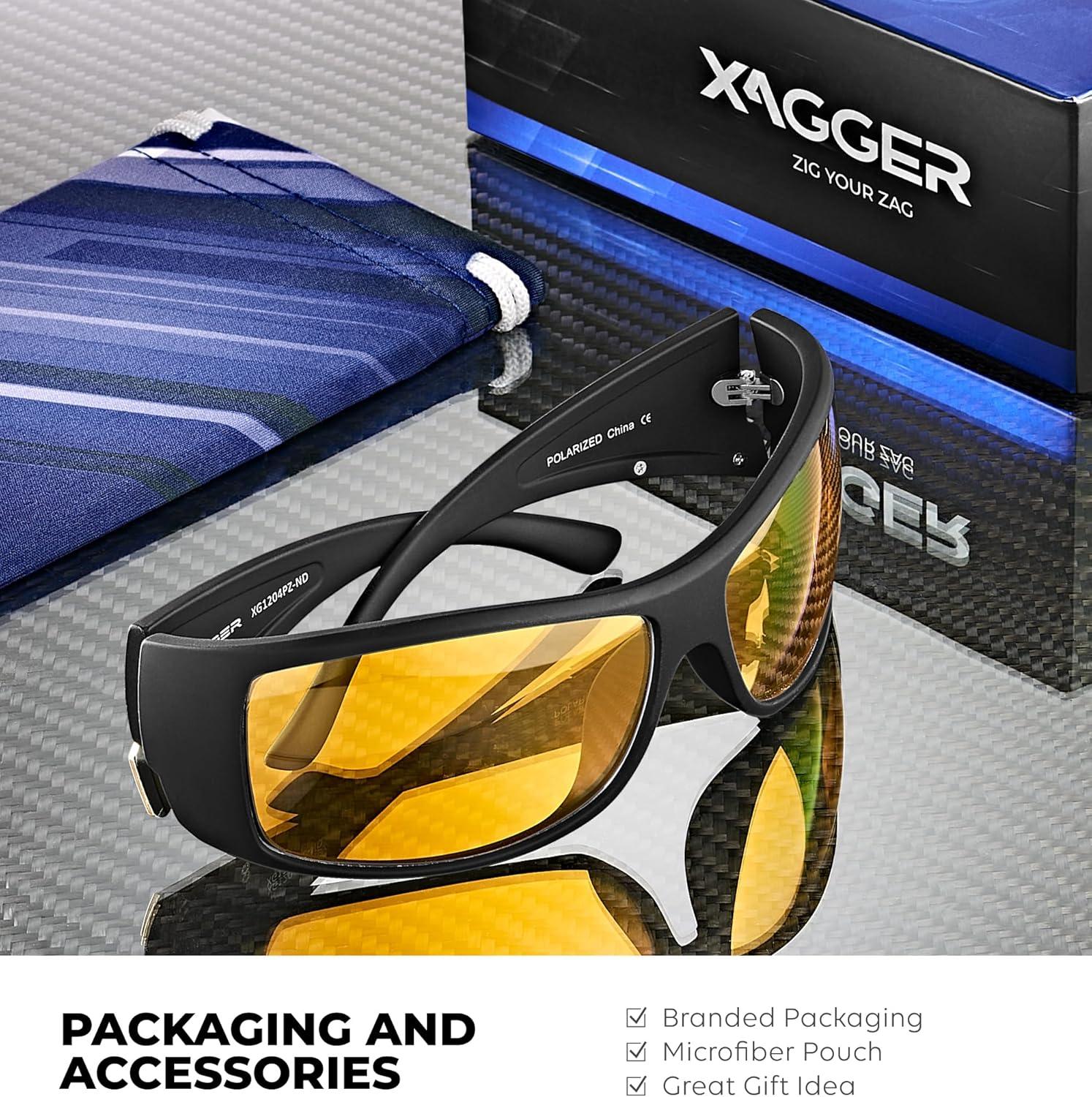 imageXagger Wrap Around Oversized Sport Polarized Sunglasses for Men TR90 Frame Driving Fishing Sun GlassesMatte Black Yellow Night Driving