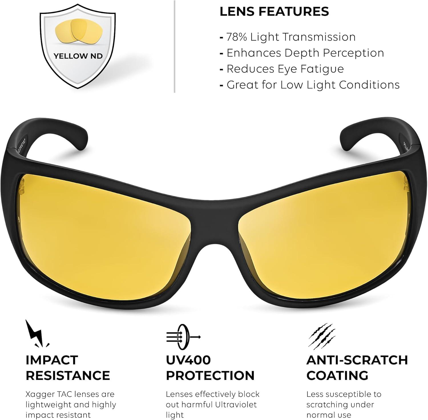 imageXagger Wrap Around Oversized Sport Polarized Sunglasses for Men TR90 Frame Driving Fishing Sun GlassesMatte Black Yellow Night Driving