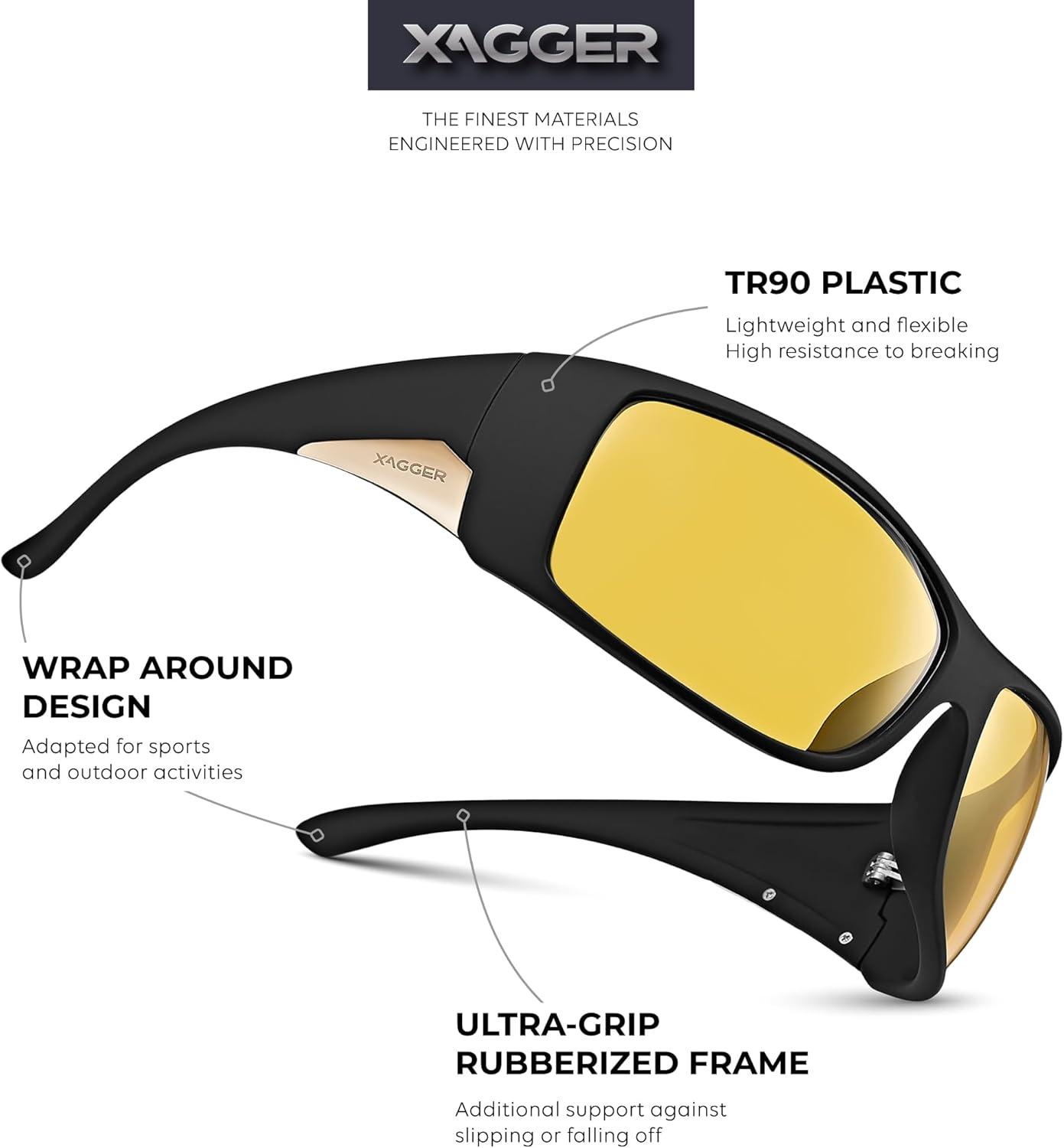 imageXagger Wrap Around Oversized Sport Polarized Sunglasses for Men TR90 Frame Driving Fishing Sun GlassesMatte Black Yellow Night Driving