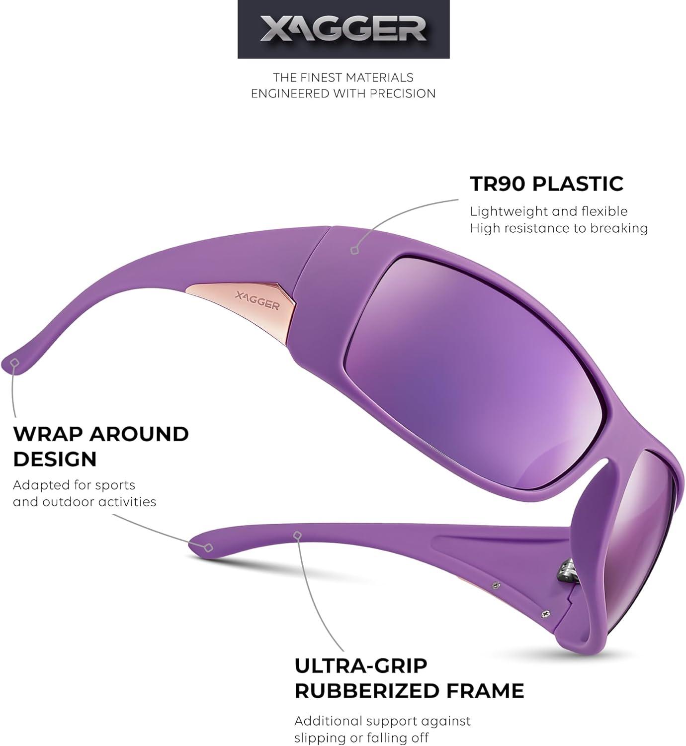 imageXagger Wrap Around Oversized Sport Polarized Sunglasses for Men TR90 Frame Driving Fishing Sun GlassesMatte Purple Purple Mirror