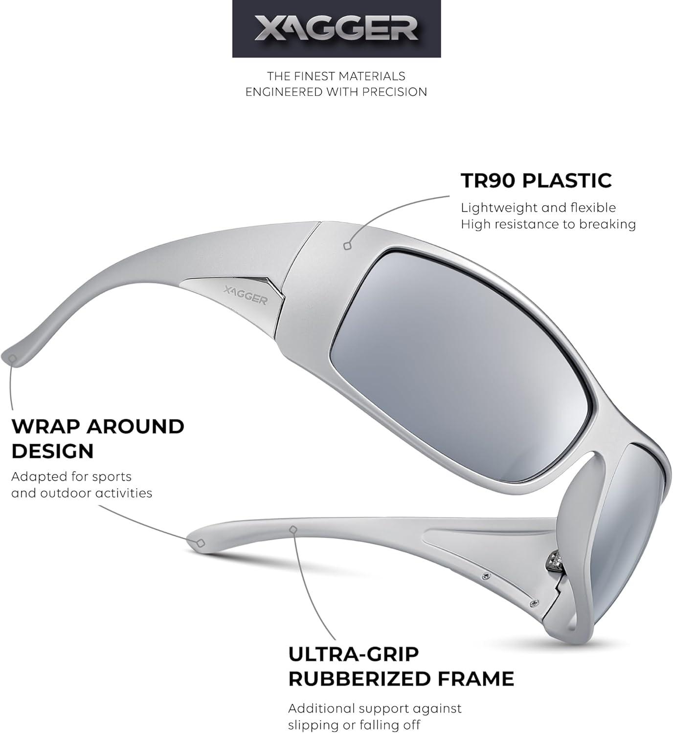 imageXagger Wrap Around Oversized Sport Polarized Sunglasses for Men TR90 Frame Driving Fishing Sun GlassesMatte Silver Silver Mirror