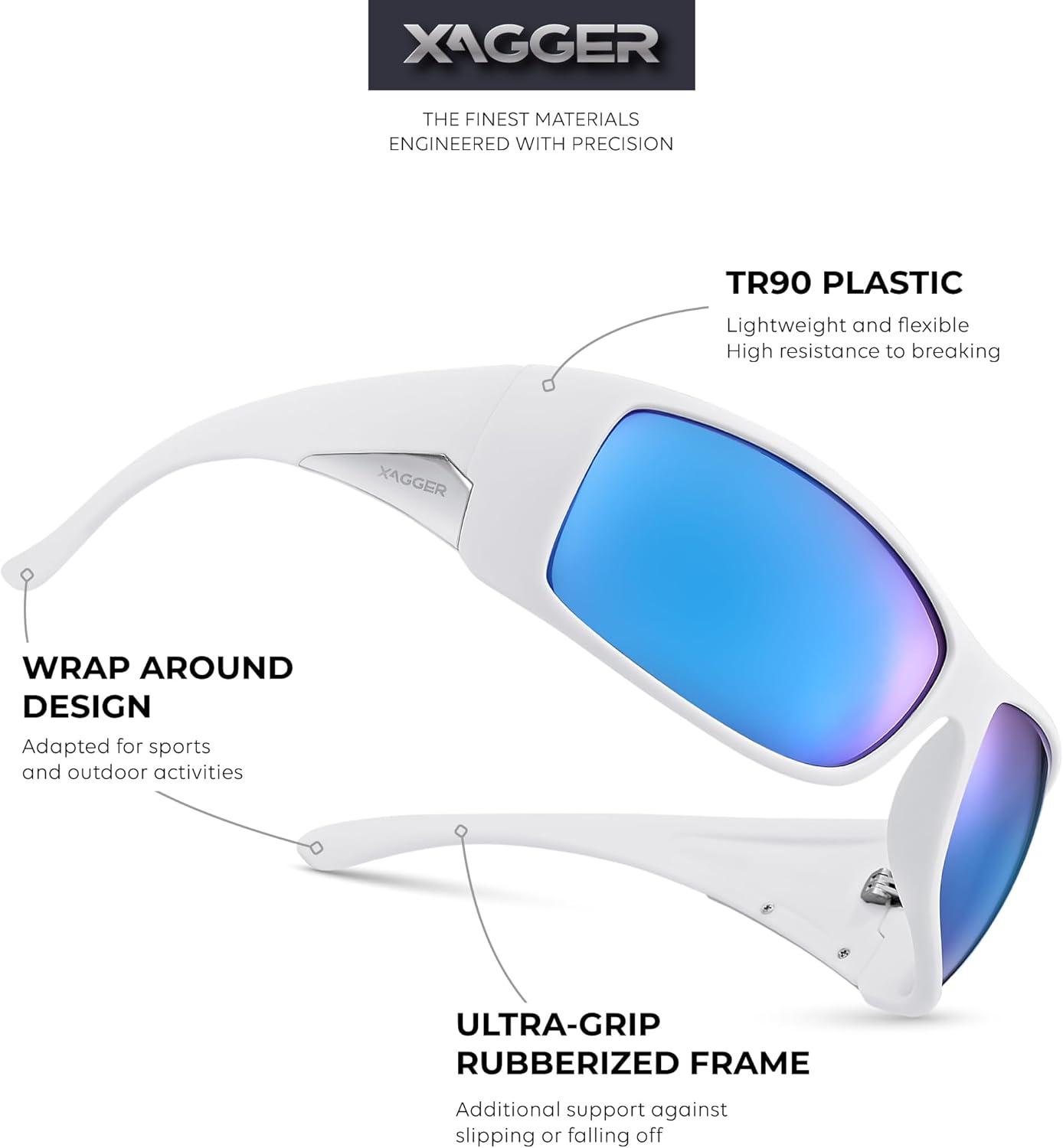 imageXagger Wrap Around Oversized Sport Polarized Sunglasses for Men TR90 Frame Driving Fishing Sun GlassesMatte White Ice Blue Mirror