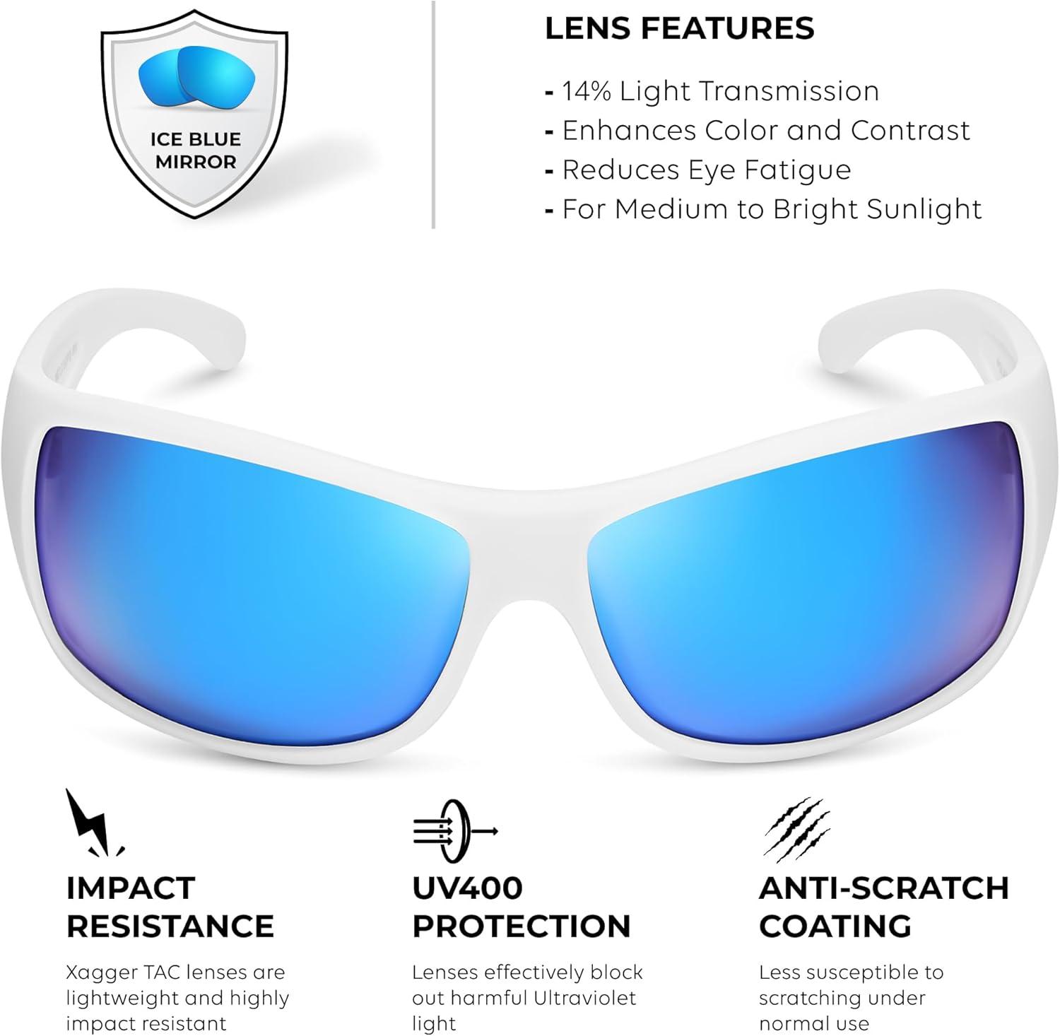 imageXagger Wrap Around Oversized Sport Polarized Sunglasses for Men TR90 Frame Driving Fishing Sun GlassesMatte White Ice Blue Mirror
