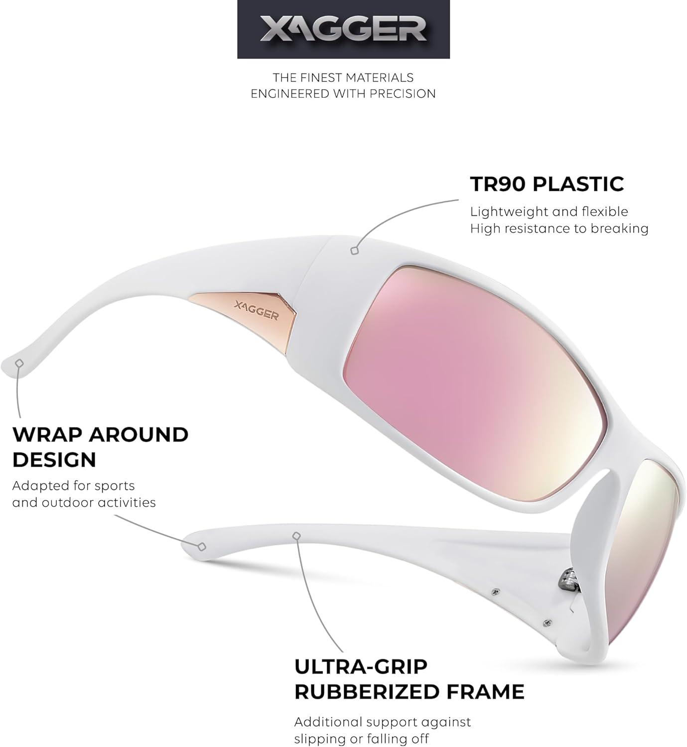 imageXagger Wrap Around Oversized Sport Polarized Sunglasses for Men TR90 Frame Driving Fishing Sun GlassesMatte White Rose Gold Mirror