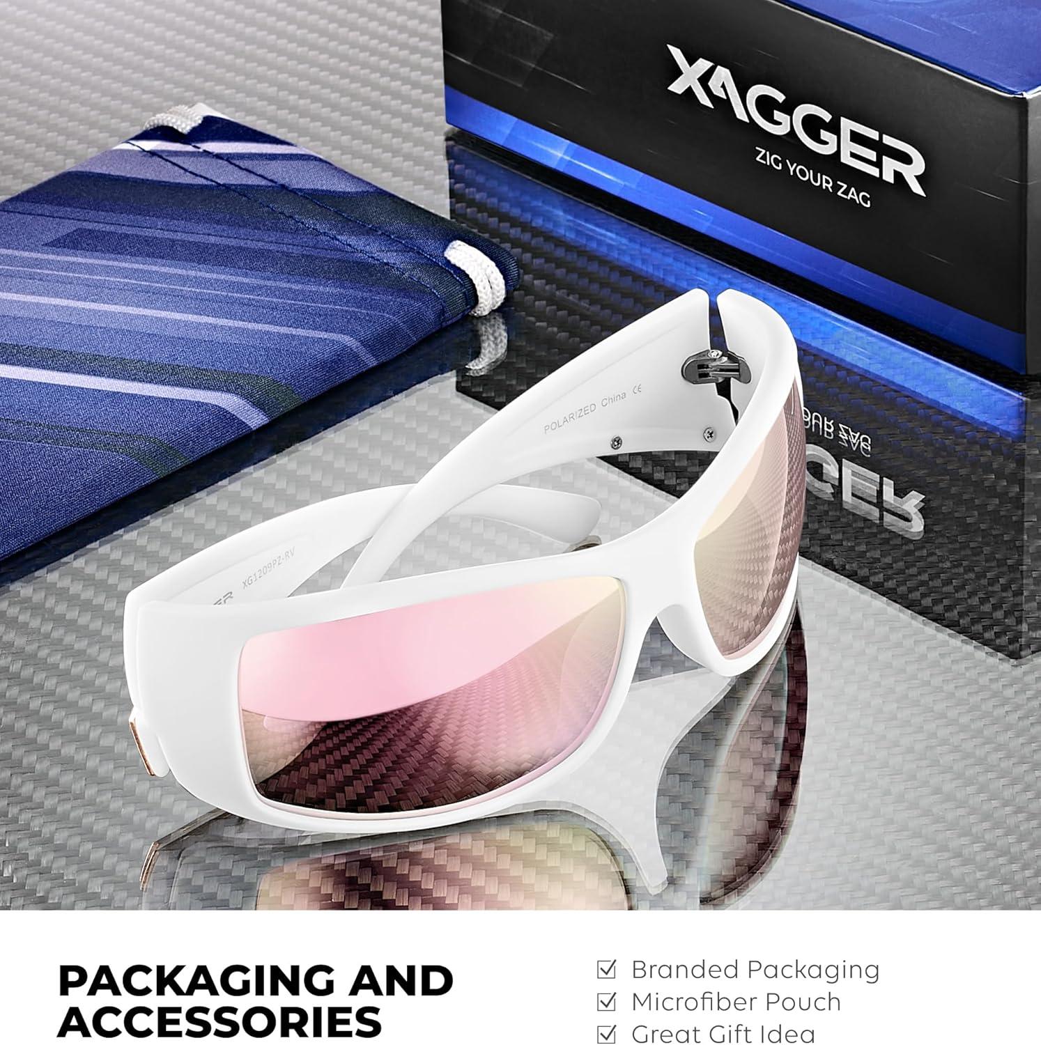 imageXagger Wrap Around Oversized Sport Polarized Sunglasses for Men TR90 Frame Driving Fishing Sun GlassesMatte White Rose Gold Mirror