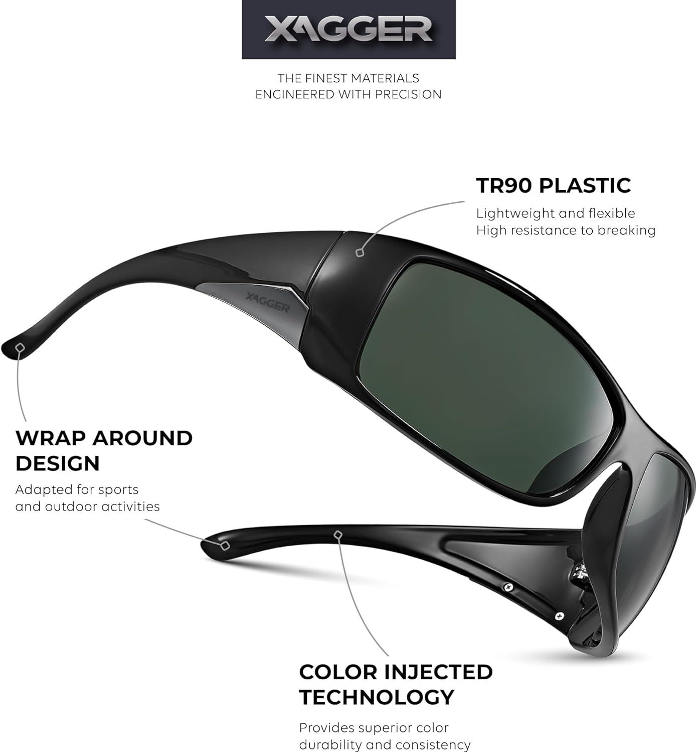 imageXagger Wrap Around Oversized Sport Polarized Sunglasses for Men TR90 Frame Driving Fishing Sun GlassesShiny Black Green