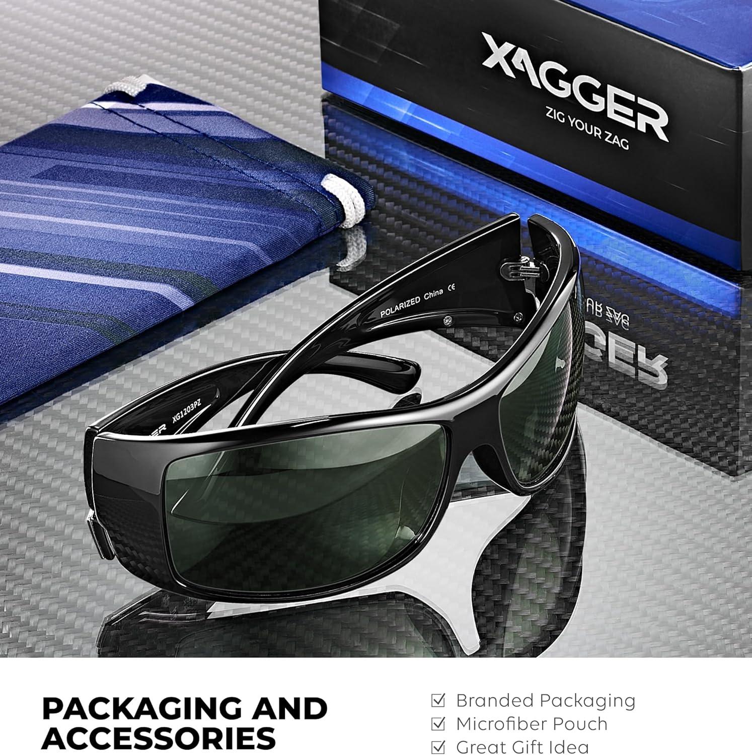 imageXagger Wrap Around Oversized Sport Polarized Sunglasses for Men TR90 Frame Driving Fishing Sun GlassesShiny Black Green