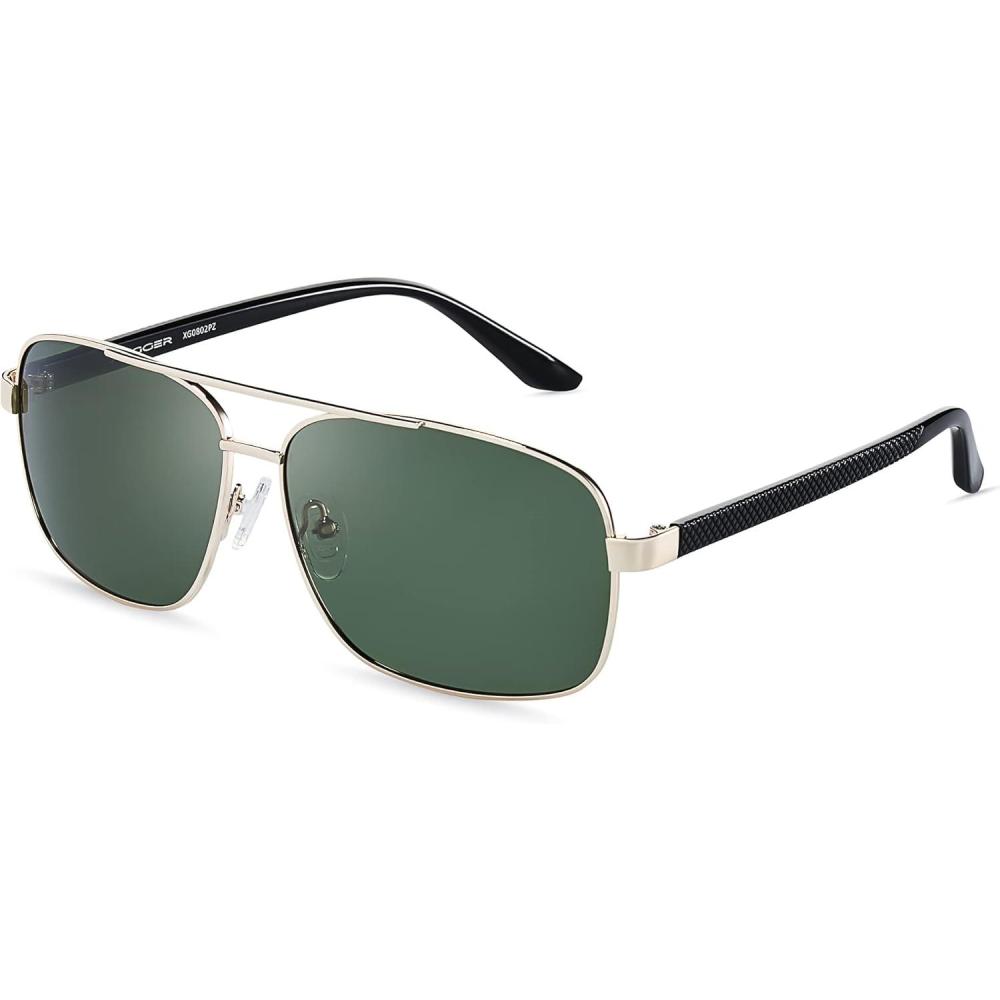 imageXagger Polarized Brow Bar Square Aviator Sunglasses for Men Retro Pilot Military Style Driving Shades UV400Light Gold Black Temples Green