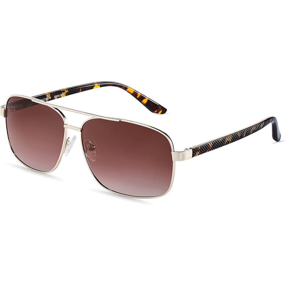 imageXagger Polarized Brow Bar Square Aviator Sunglasses for Men Retro Pilot Military Style Driving Shades UV400Light Gold Tortoise Tempes Gradient Brown