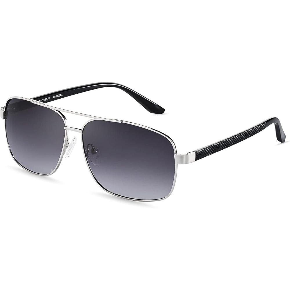 imageXagger Polarized Brow Bar Square Aviator Sunglasses for Men Retro Pilot Military Style Driving Shades UV400Silver  Black Temples  Gradient Smoke